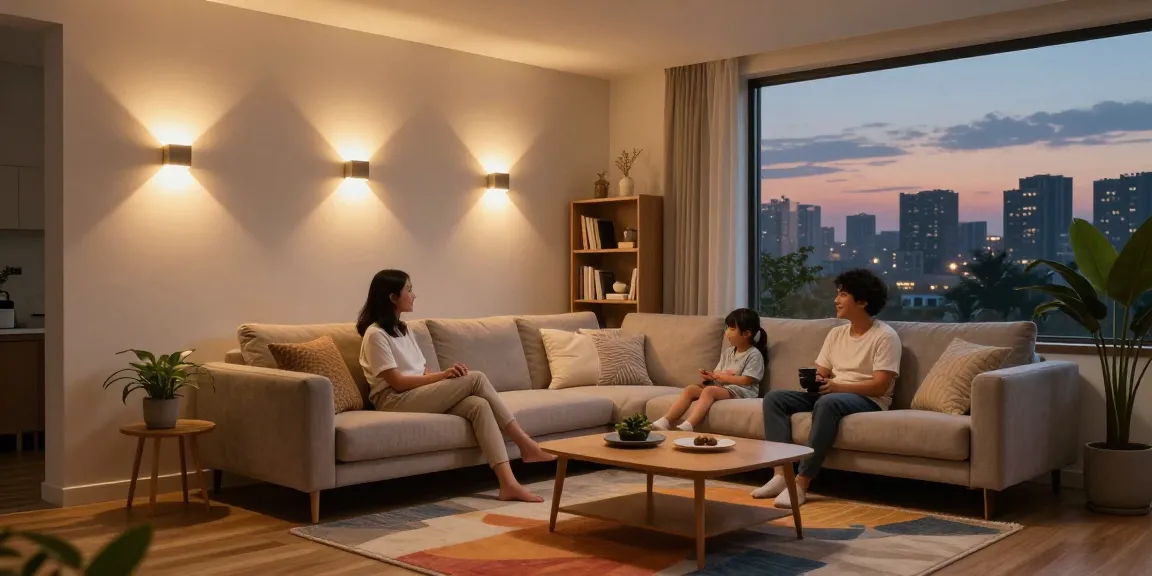 Aplice LED moderne care iluminează un living confortabil, creând o atmosferă caldă și primitoare.