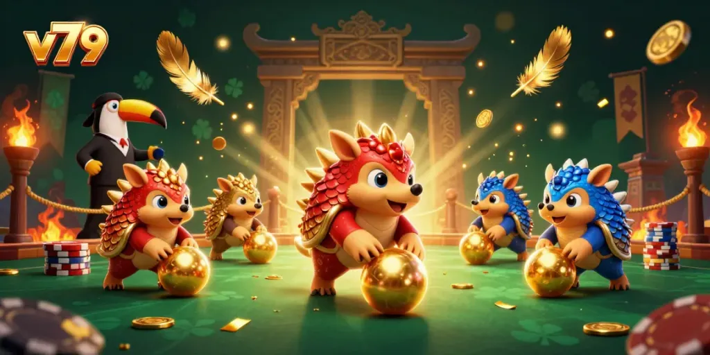 Engaging illustration of v79 featuring rival pangolins competing in a lively casino setting with golden elements and vibrant colors.