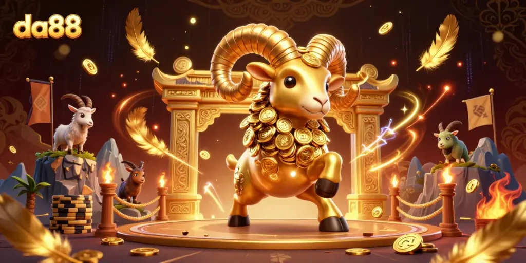 da88 engages gamblers with a dynamic 3D scene of a golden ram charging towards a jackpot