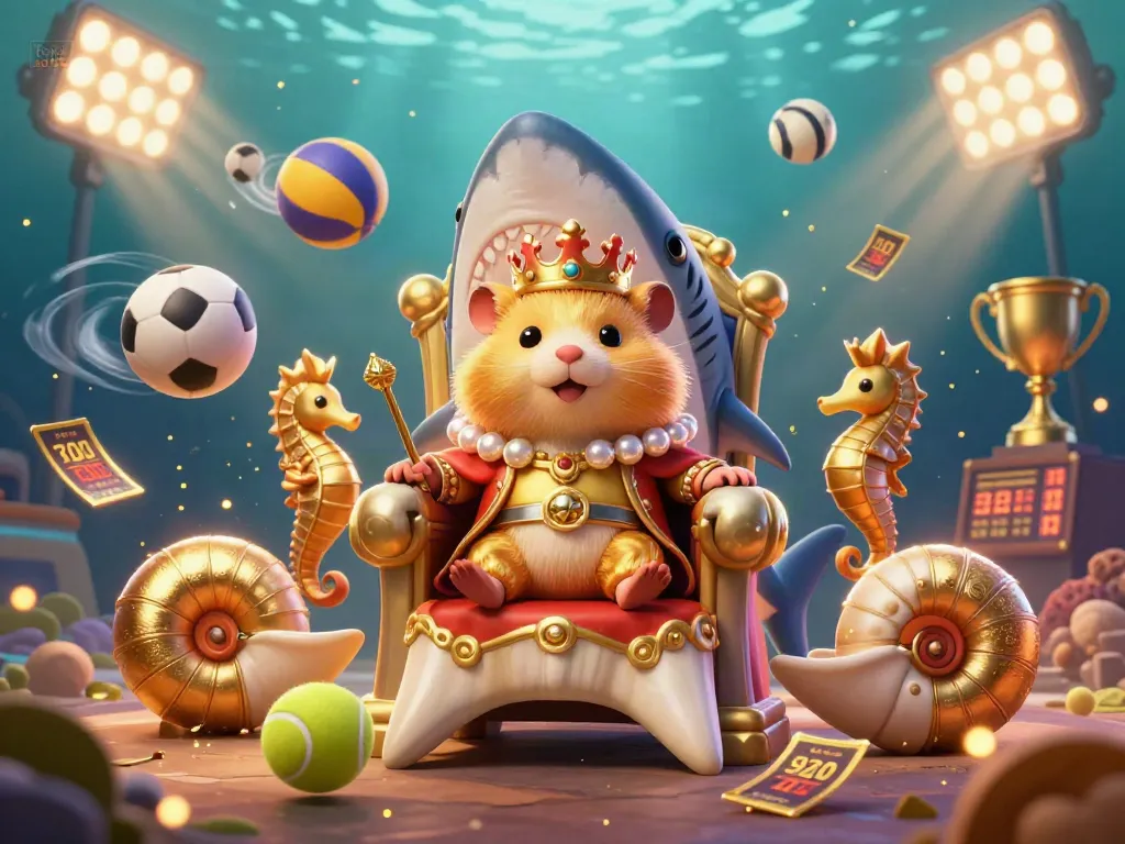 Engage in thrilling gameplay at tại xo88 with a golden hamster king on a shark throne, amidst dynamic sports elements.