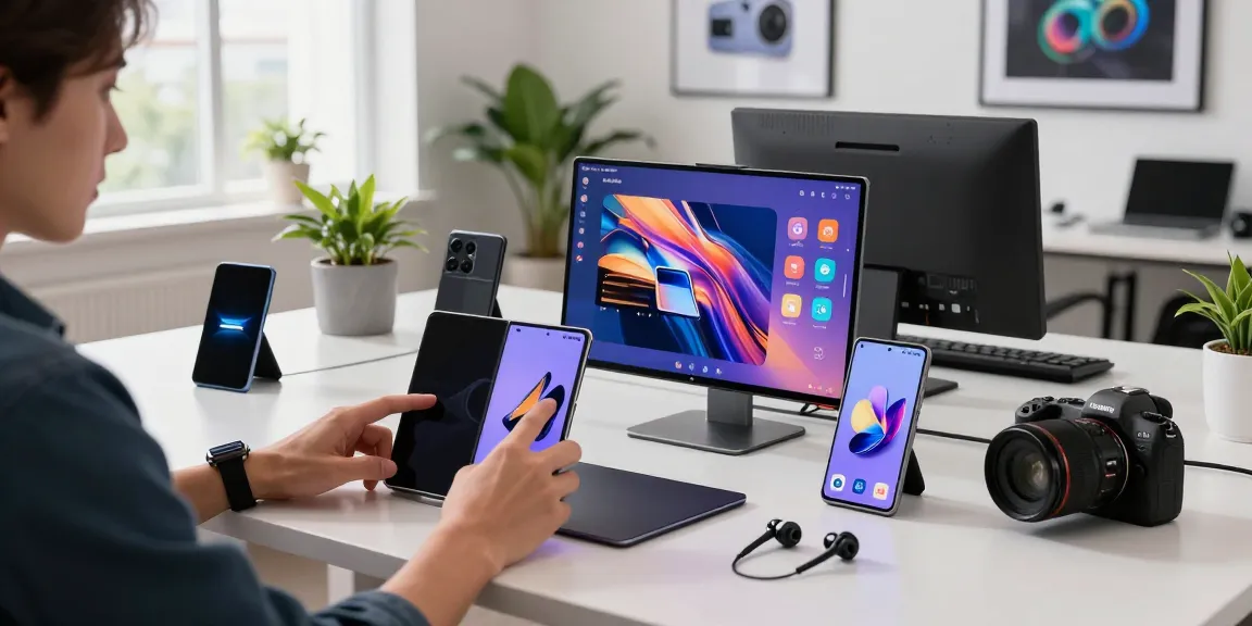 Person demonstrating Samsung Galaxy Z TriFold smartphones in a modern tech workspace, showcasing innovative mobile features.