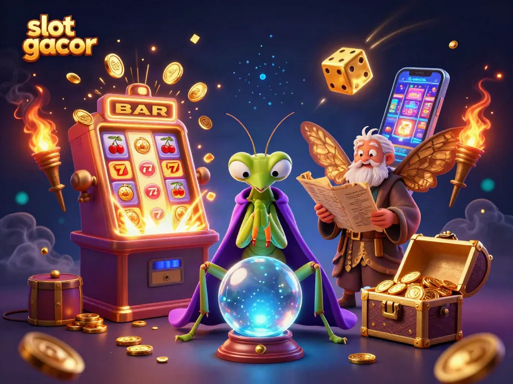 Engage with slot gacor excitement in this dynamic 3D casino scene filled with jackpots and vibrant game elements.