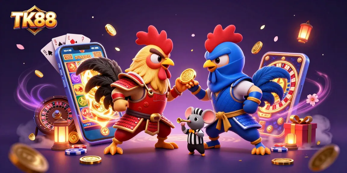 Engage with TK88's thrilling gaming universe featuring dynamic cartoon roosters, and vibrant slot elements.