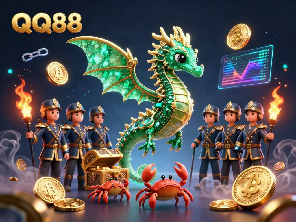 Experience the thrilling ambiance of QQ88 with a dazzling sea dragon amidst crypto elements in a vibrant casino illustration.