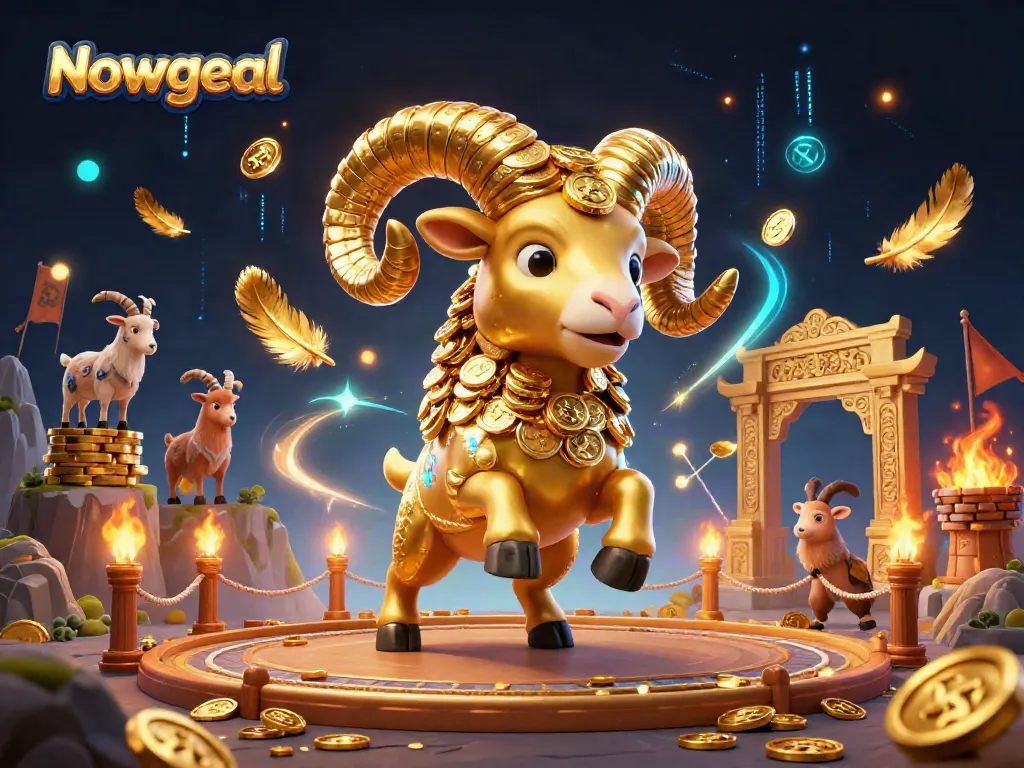 Engage with Nowgoal's live scores while witnessing a vibrant 3D scene of a golden ram charging towards victory.