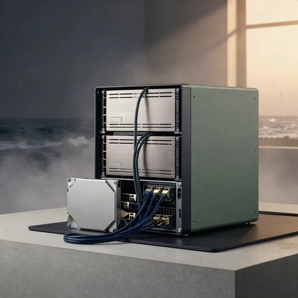 Server chassis with SSD caddies and backup drive in coastal mist, dramatic studio lighting