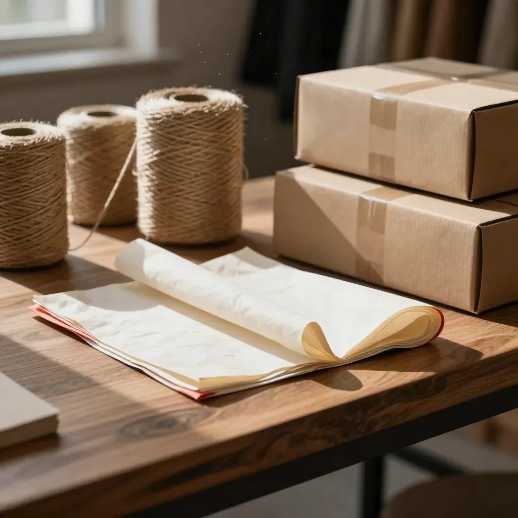 Packing station close-up with twine, tissue and shipping boxes in warm window light
