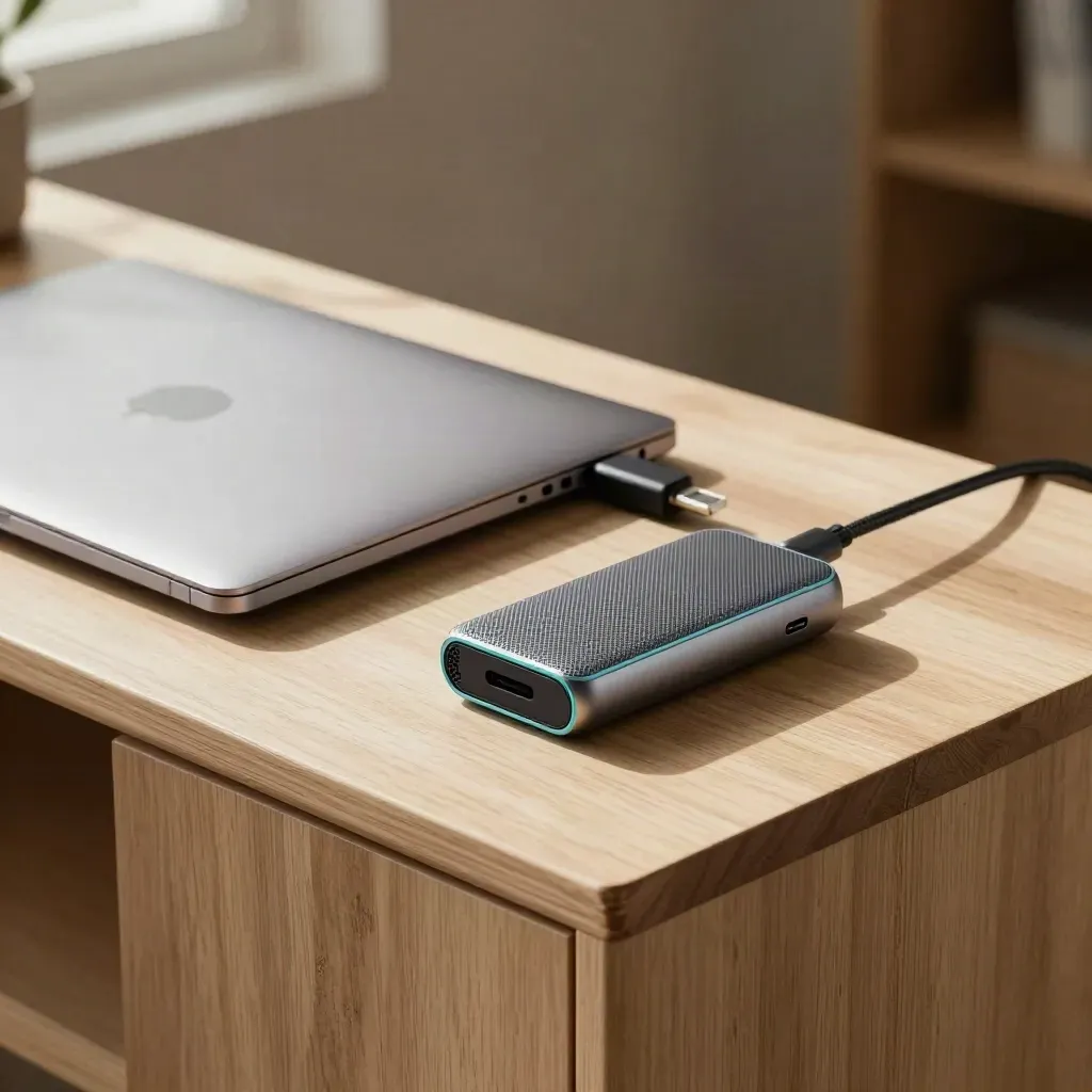 Closed laptop, mesh Wi‑Fi node and USB‑C dock on a pale wood sideboard in soft morning light.