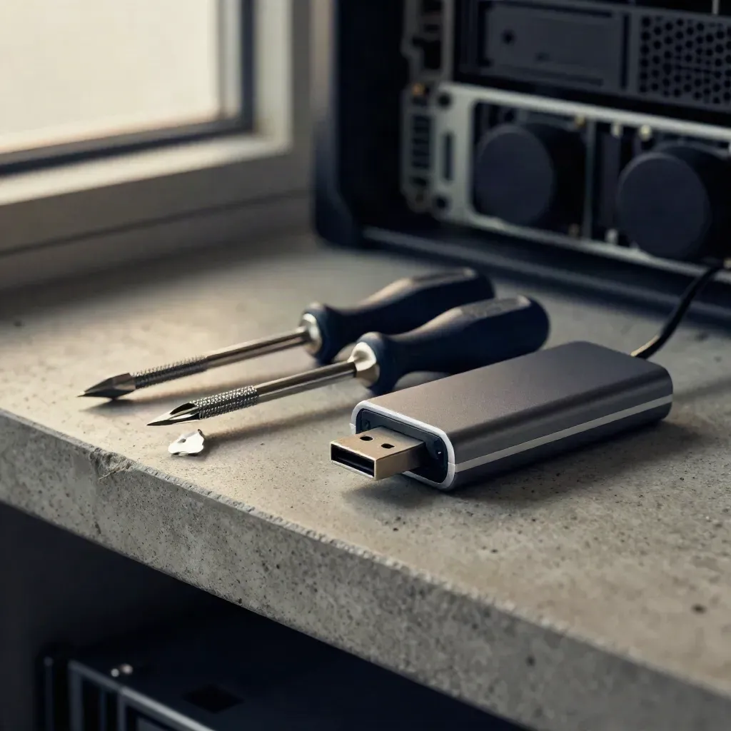 Macro of precision screwdrivers, aluminium standoffs and a compact USB hub on a concrete shelf.