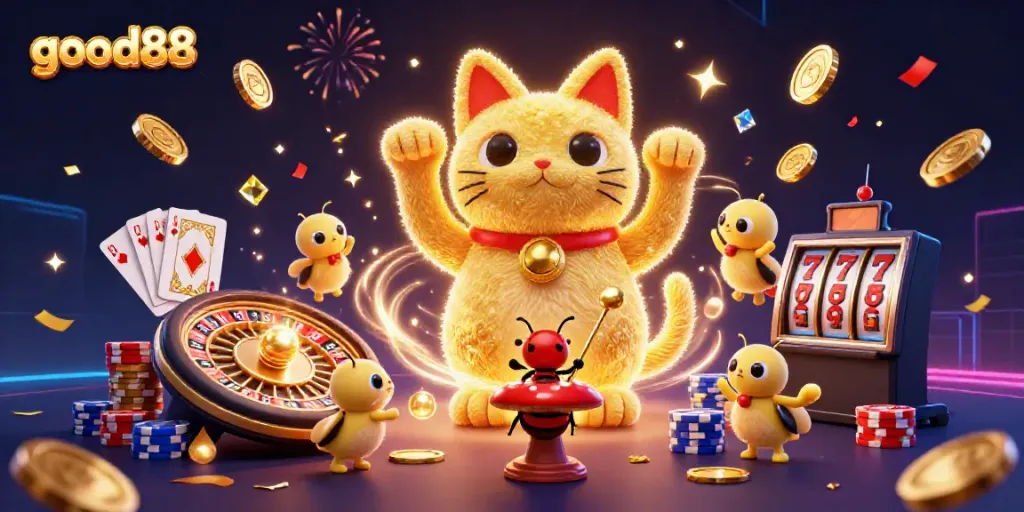 Experience the magic of good88 with a lively scene featuring a lucky cat and vibrant casino elements.
