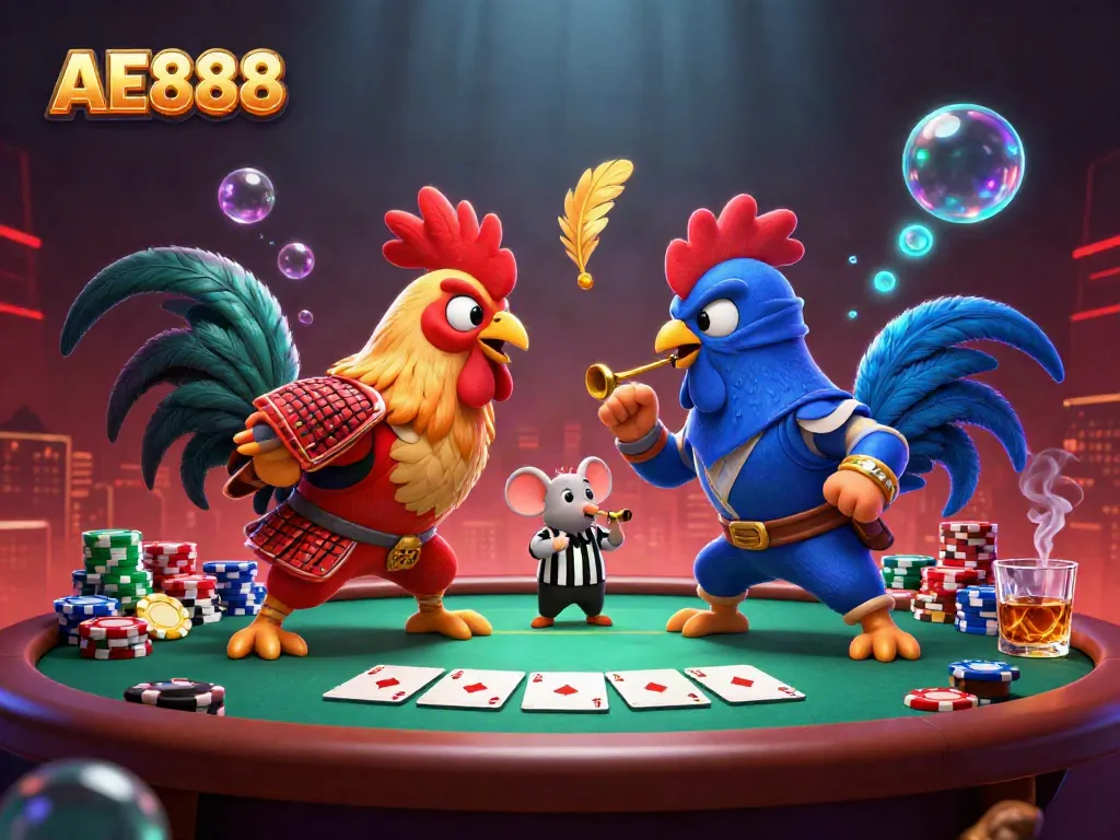 Watch AE888's epic rooster showdown featuring samurai and ninja. Exciting gambling action!