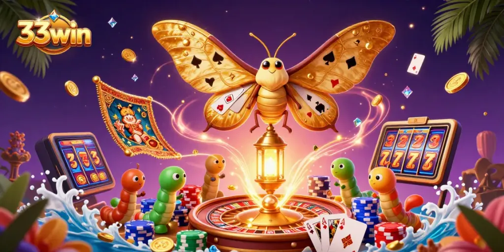 Experience the excitement of 33win with dynamic gaming visuals and golden treasures in a vibrant casino scene.