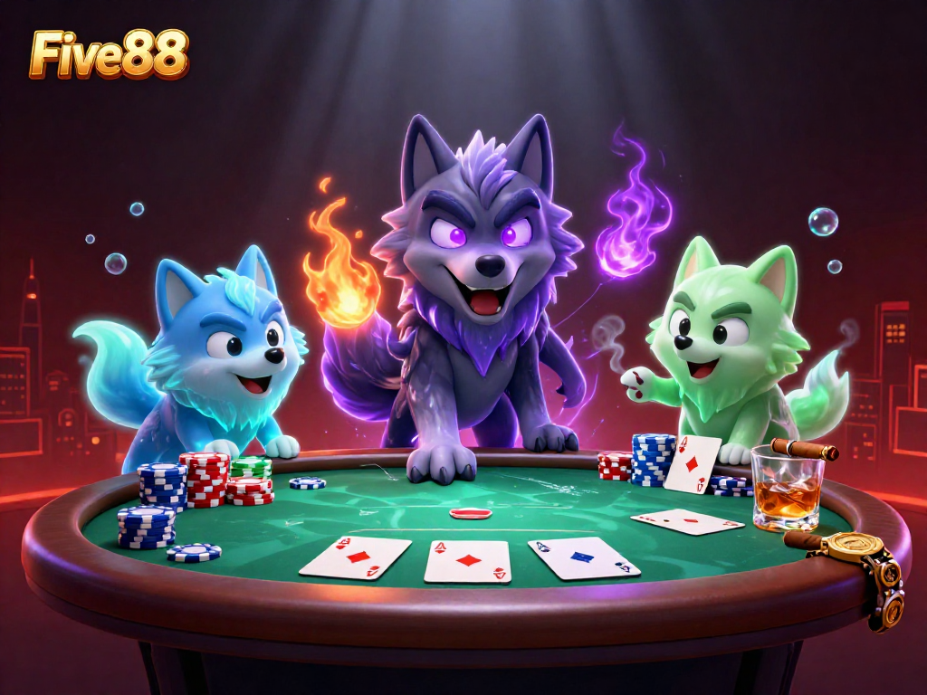 Five88 players strategize around an intense poker table with glowing wolf characters.