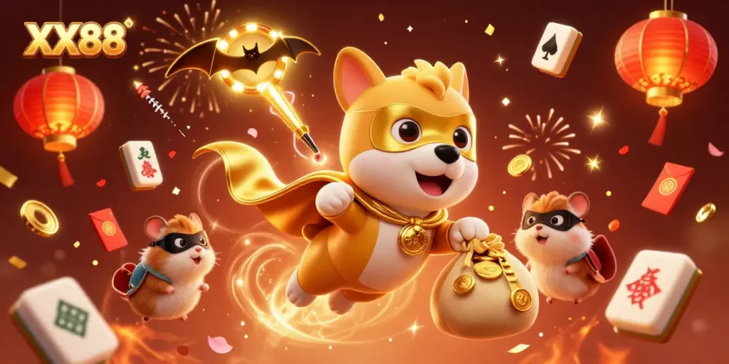 Experience the thrill of XX88 with a superhero dog and hamster amidst vibrant casino elements.