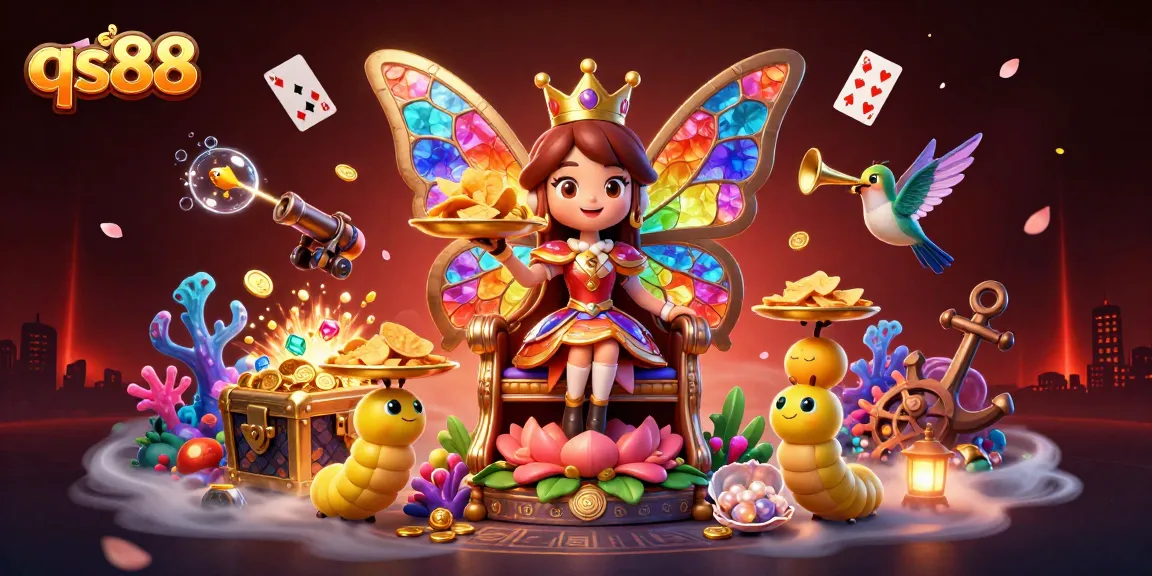 Experience the thrill of qs88's games with a vibrant illustration featuring a butterfly queen among treasures.