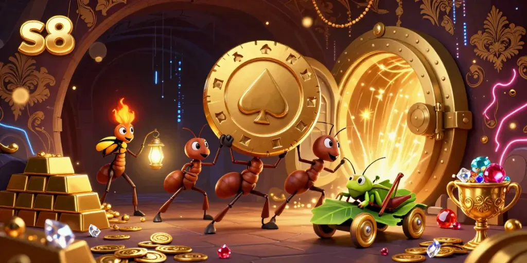 Join the s8 team of animated ants on a heist with a giant poker chip filled with treasures and gems.
