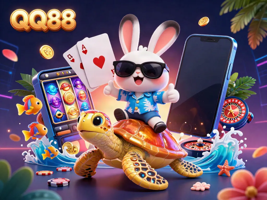 Experience vibrant gameplay with QQ88, featuring a lively lucky rabbit, golden turtle, and dynamic casino elements.