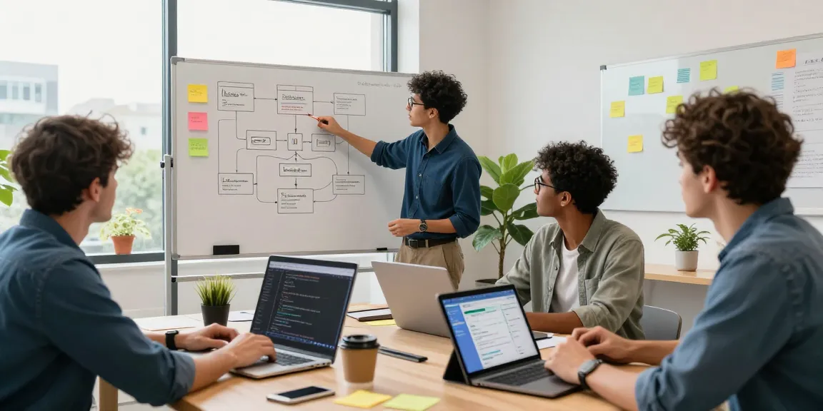 Team collaborating to build internal tools with AI in a modern workspace