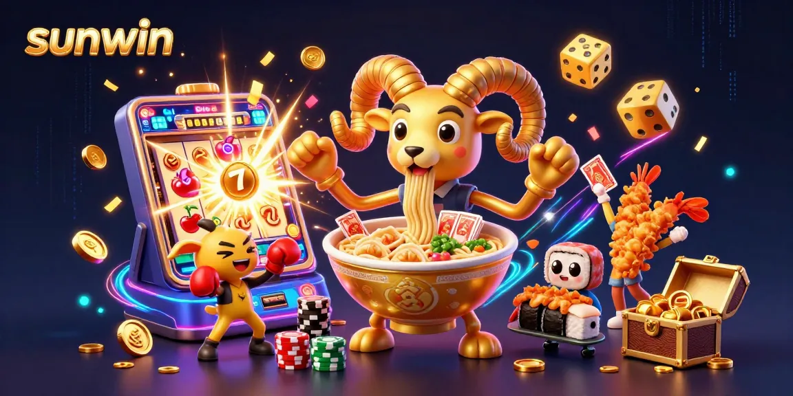 Engage with sunwin's vibrant 3D casino scene showcasing a ramen bowl dealer, slot machine action, and animated characters.