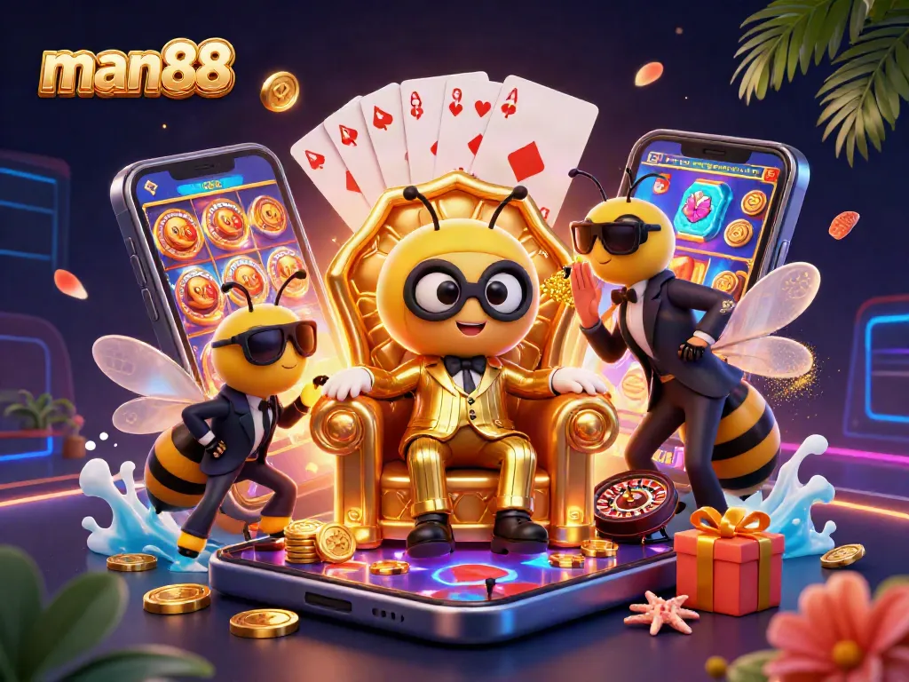 Join the excitement of man88 with a dynamic 3D scene featuring engaging casino elements and characters.