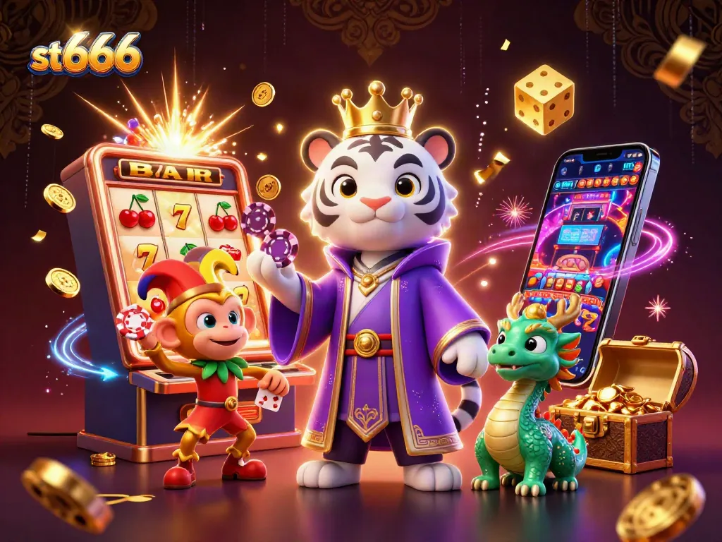 Join the excitement at st666 with a vibrant casino scene filled with playful characters and jackpot winning moments.