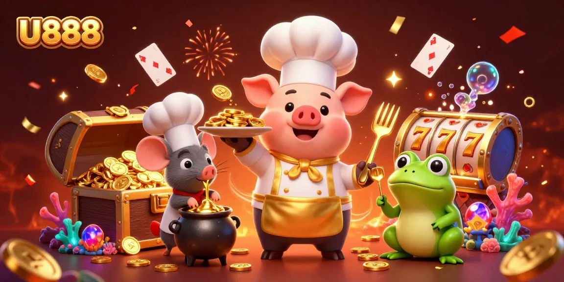 U888's vibrant casino scene features a chef pig serving gold coins, highlighting winning experiences.