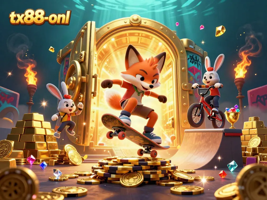 Experience the excitement of tx88-onl with a 3D cartoon fox and rabbit in a vibrant casino setting.
