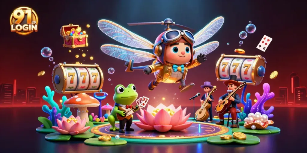 Play exciting casino games with 91 CLUB LOGIN, showcasing a whimsical 3D dragonfly pilot and frog croupier.