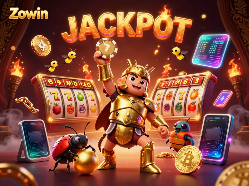 Join the fun at Zowin with a victorious beetle character in a casino scene!