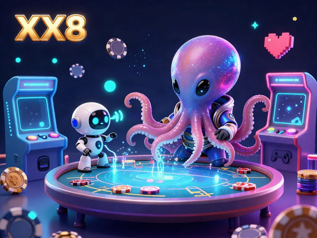 Experience the excitement of XX8 with an alien octopus running a holographic poker table amidst colorful game elements.