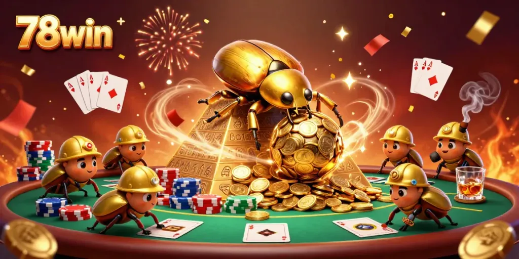 Win big at 78win with golden beetles rolling coin-filled jackpots in a vibrant casino