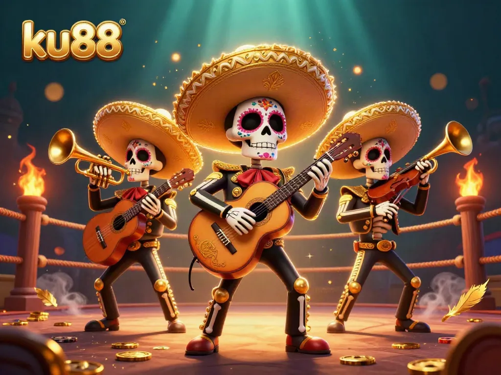 Engage in thrilling bets with ku88's vibrant 3D mariachi illustration showcasing energetic casino elements.