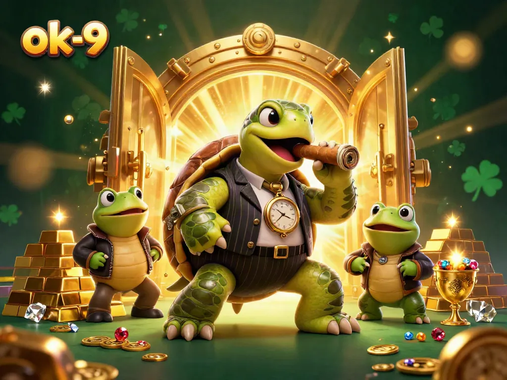 Experience the thrill of winning at ok-9 with a 3D cartoon scene featuring a charming turtle and bullfrogs amidst dazzling casino treasures.