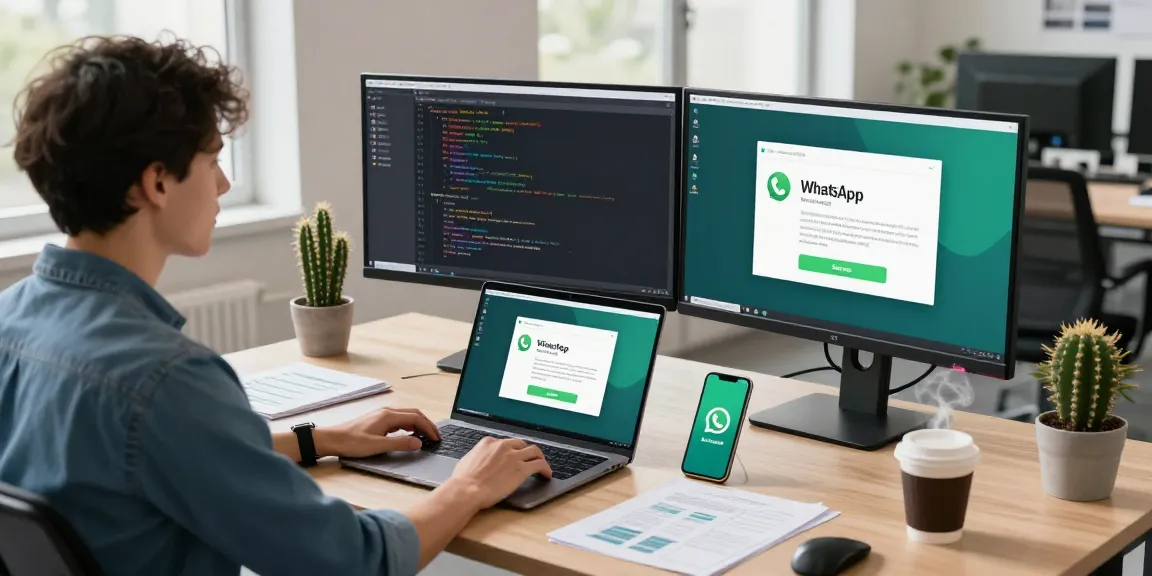 Developer working on WhatsApp下載 application interface in a modern office.