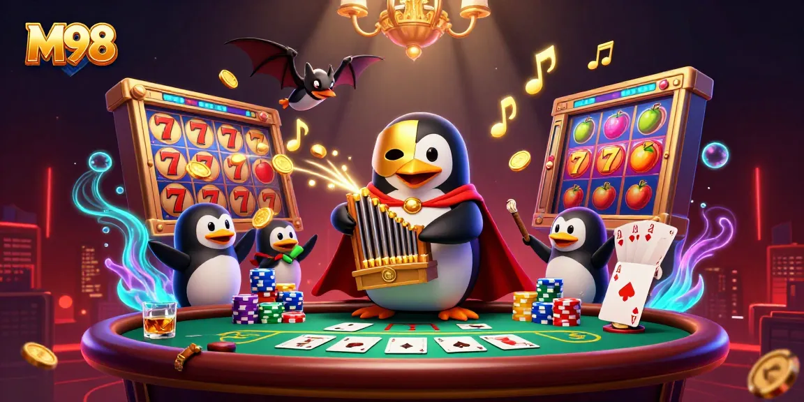 M98 thrills as a phantom opera penguin plays an organ shooting golden coins amid vibrant slots and poker chips.