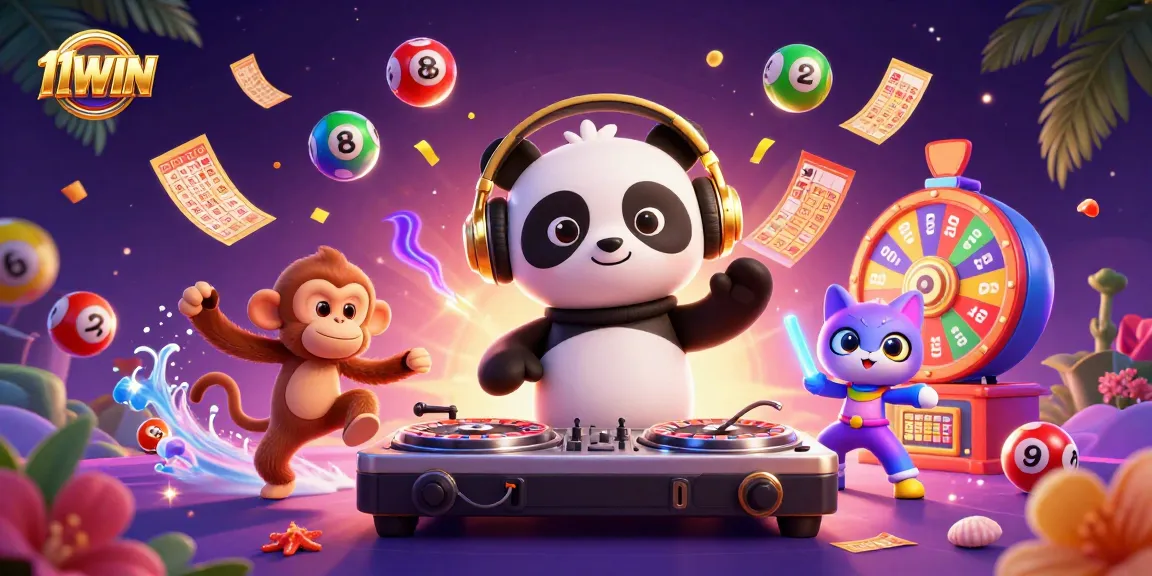 Experience exciting gaming action with 11WIN and vibrant characters in a colorful casino scene.