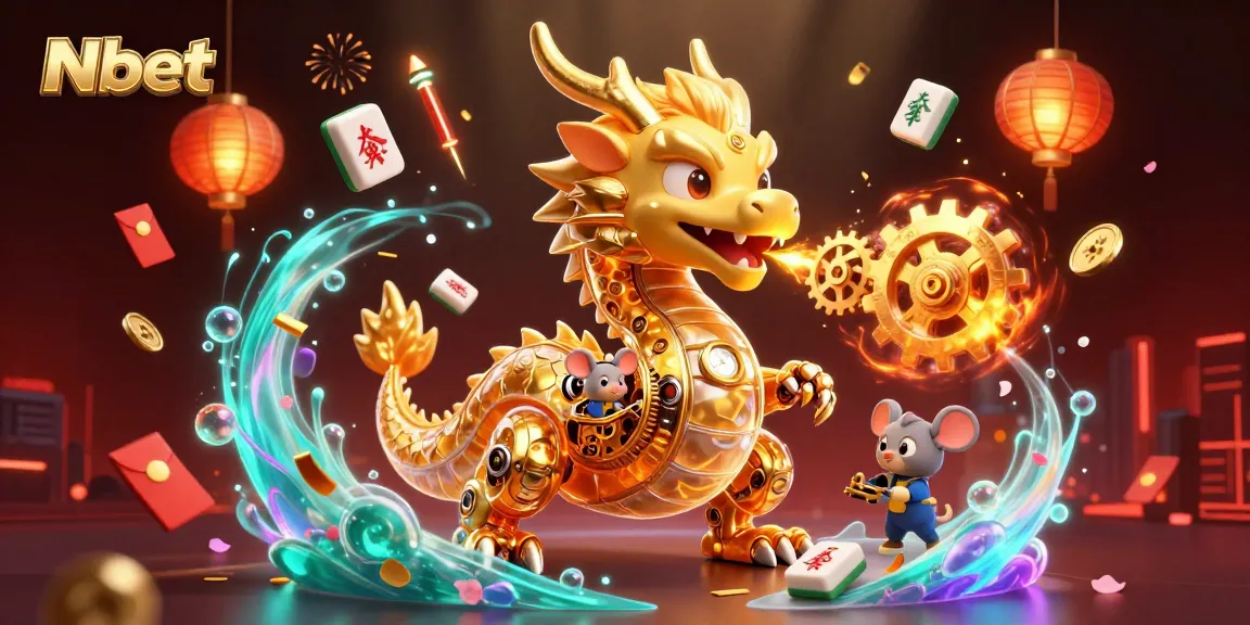Nbet's casino adventure features a golden dragon surrounded by vibrant gambling elements