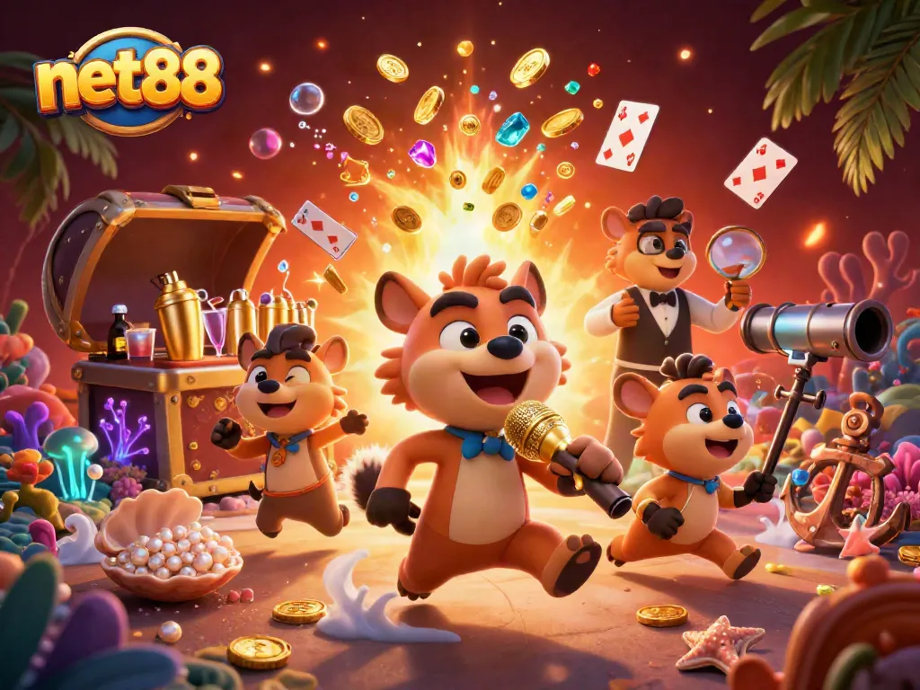 Experience the thrill of net88 casino with hyenas showcasing games, drinks, and security in a dynamic scene.
