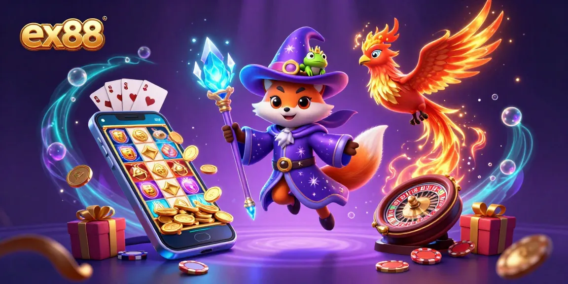 Experience thrilling gameplay with ex88’s vibrant 3D casino scene featuring games and magical characters.