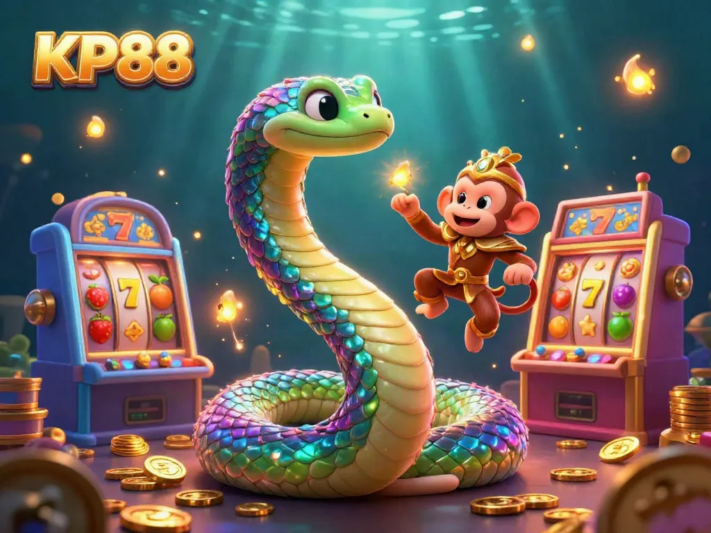 Experience the vibrant charm of KP88 with a dazzling rainbow serpent and playful monkey king in a colorful casino scene.