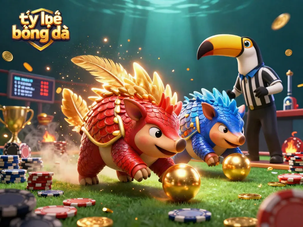 Dynamic rivalry in tỷ lệ bóng đá as cartoon pangolins bowl through poker chips in an energetic betting scene.