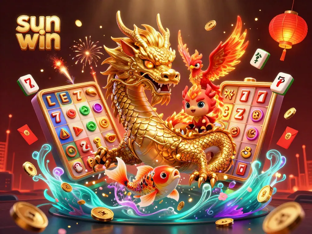 Experience thrilling gaming with sun win's dragon, phoenix and koi fish in an immersive casino scene.