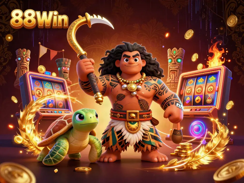 Engage with the thrilling 88Win casino experience showcased in a vibrant 3D illustration featuring dynamic characters and rich gaming elements.