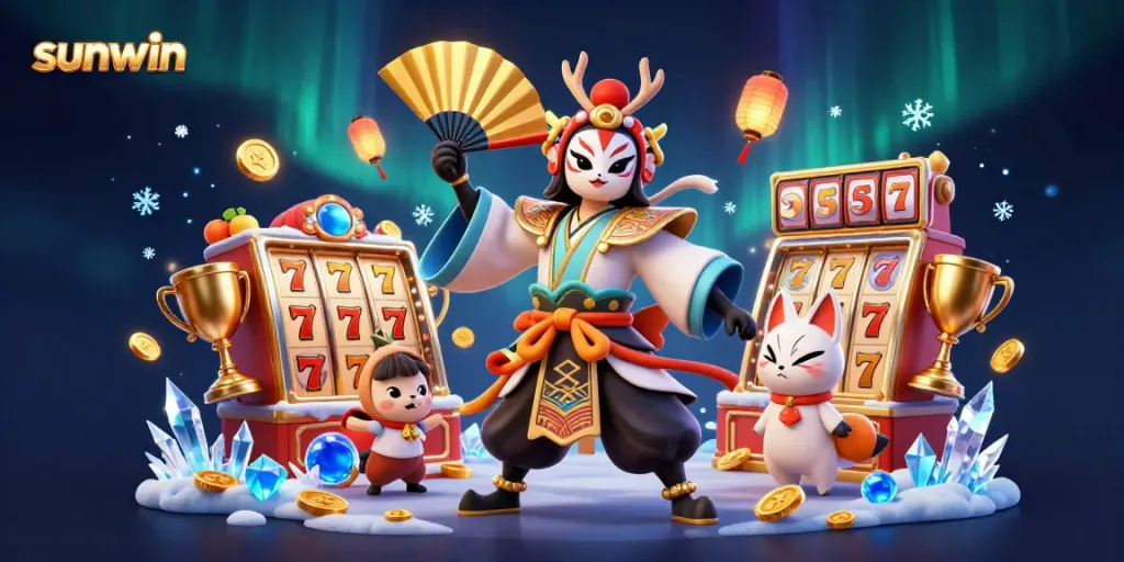 Experience the excitement of SunWin through the vibrant characters and thrilling casino elements in this dynamic 3D illustration.