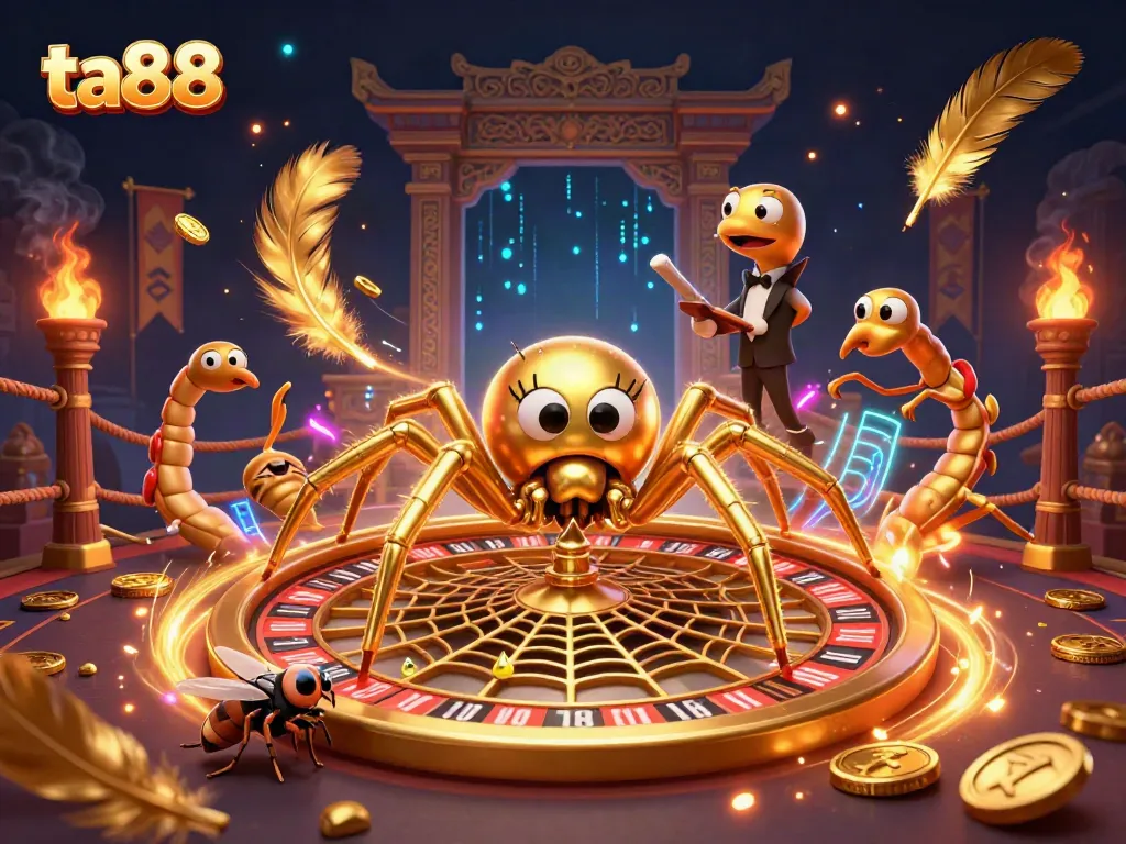 Place bets at ta88 as a golden spider spins a thrilling roulette wheel web.