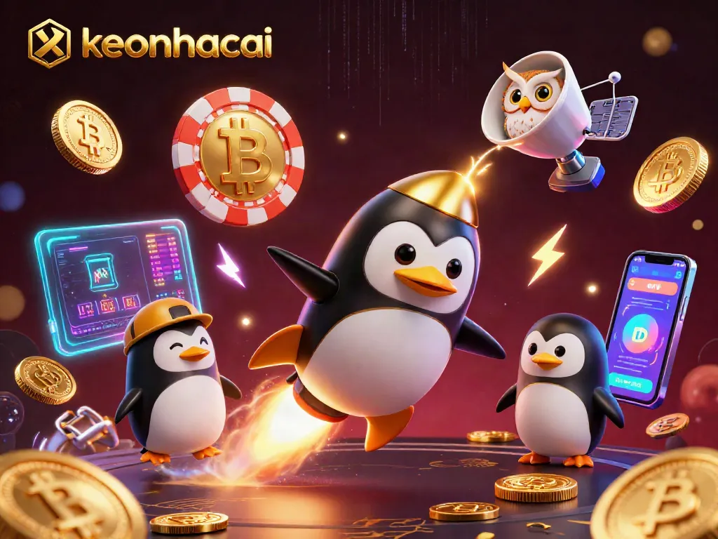 Experience keonhacai's thrilling betting adventures with a golden penguin and neon crypto coins!