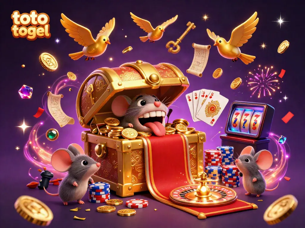 Experience the thrill of toto togel with a dynamic illustration of a golden treasure chest enticing adventurer mice filled with gambling excitement.