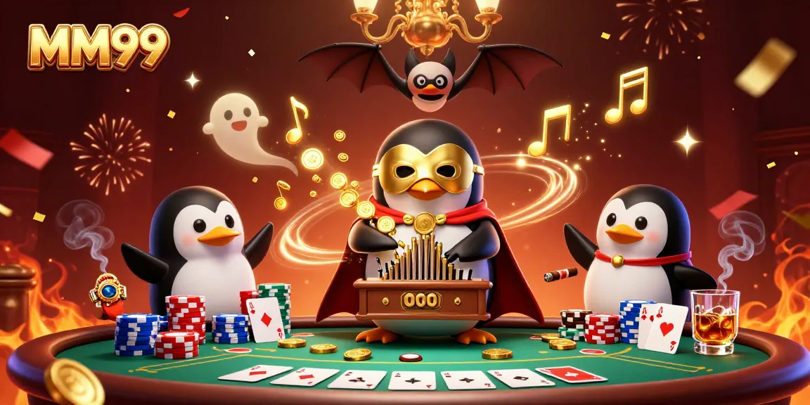 Experience thrilling gameplay at MM99 with a 3D penguin organizing a winning poker night.
