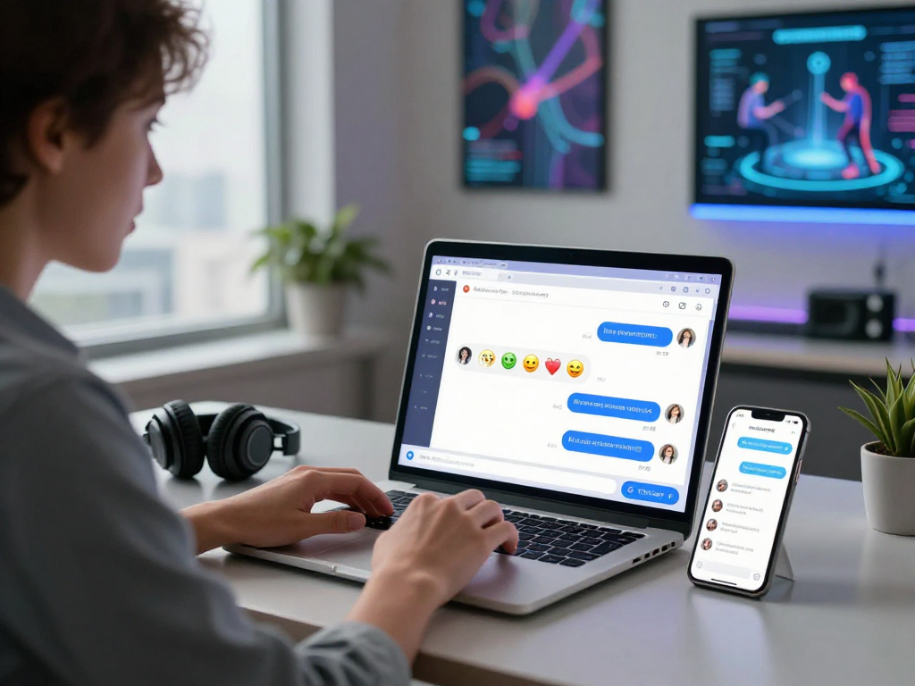 User engaging in nsfw AI chat on a laptop in a modern workspace