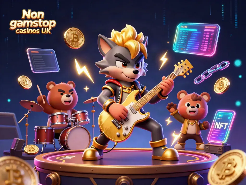Experience Non gamstop casinos UK with a colorful 3D rock star wolf and exciting crypto elements.